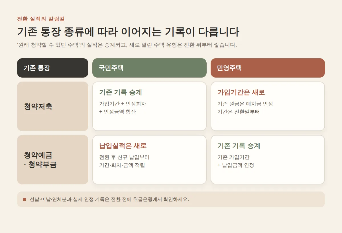기존 청약통장별 국민주택·민영주택 실적 승계 비교