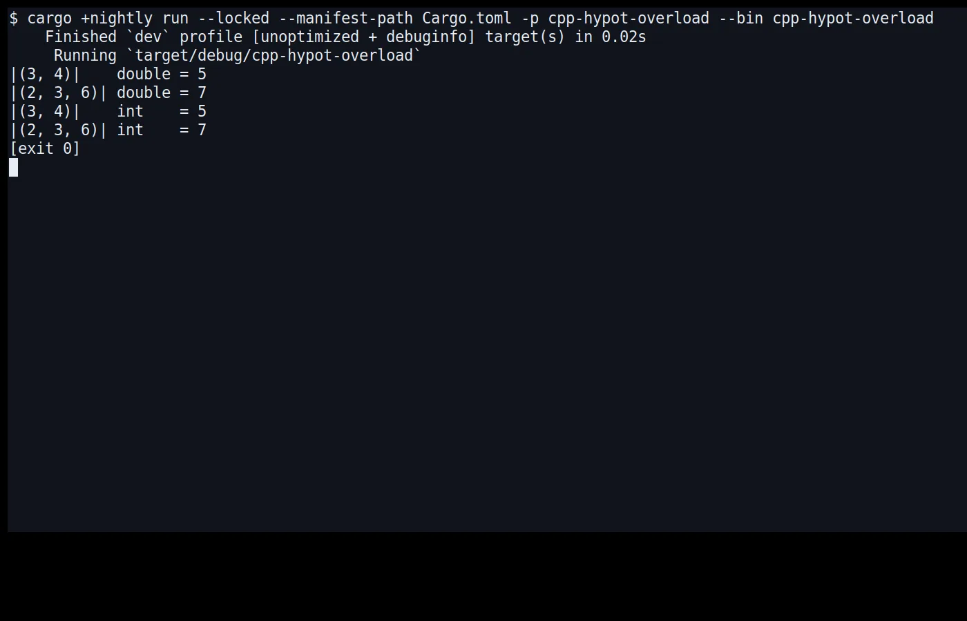 최신 Nightly에서 C++ std::hypot 네 호출이 5와 7로 성공한 터미널 캡처