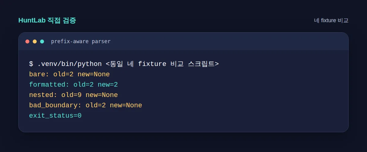 네 fixture에서 짧은 패턴의 오탐과 prefix-aware 패턴의 결과를 비교한 터미널 캡처