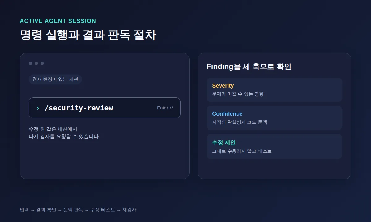활성 에이전트 세션에서 security review 명령을 실행하고 결과를 판독하는 절차
