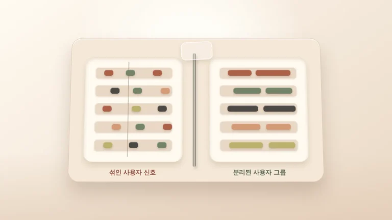 행 단위로 섞인 사용자 신호와 그룹별로 분리된 사용자 신호를 나란히 비교한 그림