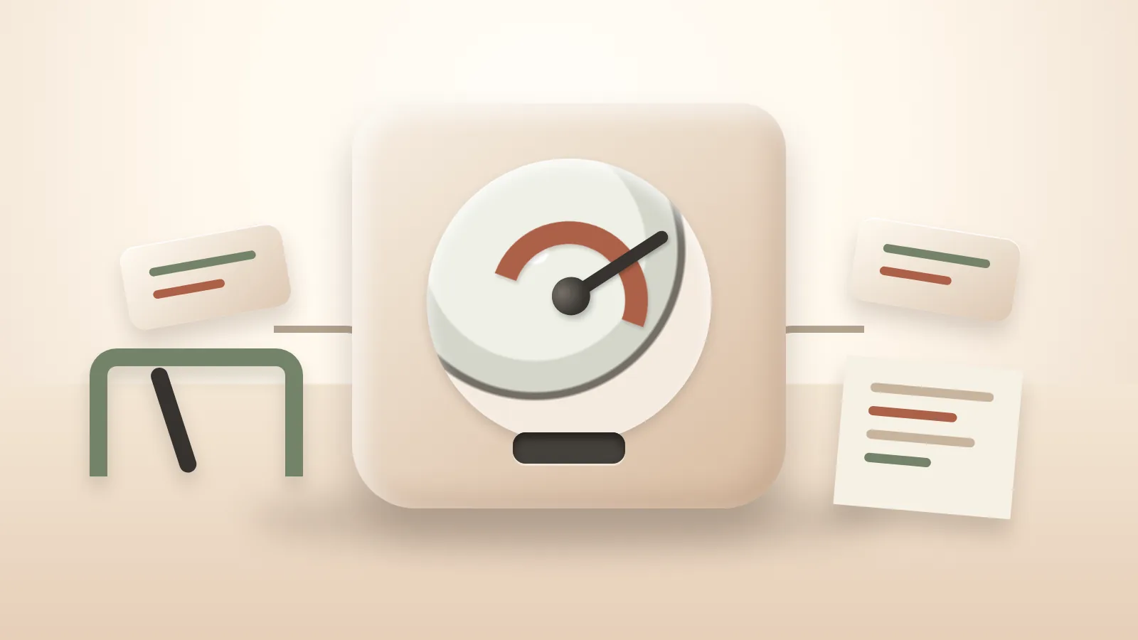 Workflows 사용량 경보를 나타내는 계기판과 상태 카드가 연결된 일러스트