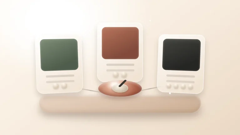 서로 다른 색의 화면이 있는 세 가지 요금제 카드와 선택 다이얼을 표현한 3D 일러스트