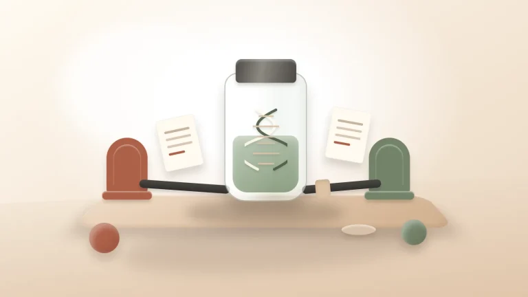 DNA 가닥이 표시된 개인 맞춤형 mRNA 치료제 용기와 양옆의 임상 결과 문서를 표현한 일러스트