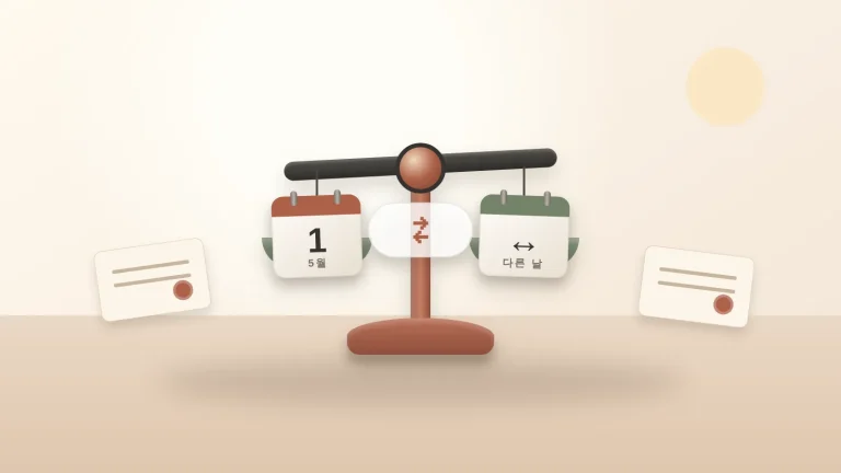 5월 1일 노동절과 다른 휴일을 서로 바꾸는 모습을 나타낸 달력 일러스트