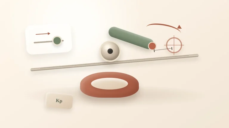 일정 속도로 움직이는 목표를 각도 오차만큼 뒤에서 따라가는 로봇 관절과 비례이득 Kp를 나타낸 개념도