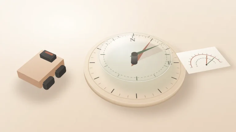 베이지색 바탕 위에 작은 바퀴 로봇 모형과 N·E가 표시된 나침반 문자판이 놓여 있고, 문자판의 두 바늘이 북쪽에서 시계방향 30도와 60도 방향을 가리키며 옆 카드에 두 눈금 호가 겹쳐 그려진 개념 일러스트