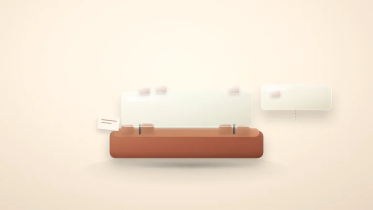 적갈색 받침대 위에 반투명 판이 고정돼 겹쳐 있고, 오른쪽에는 받침 없이 따로 떠 있는 작은 반투명 판이 점선으로 아래를 가리키는 추상 일러스트